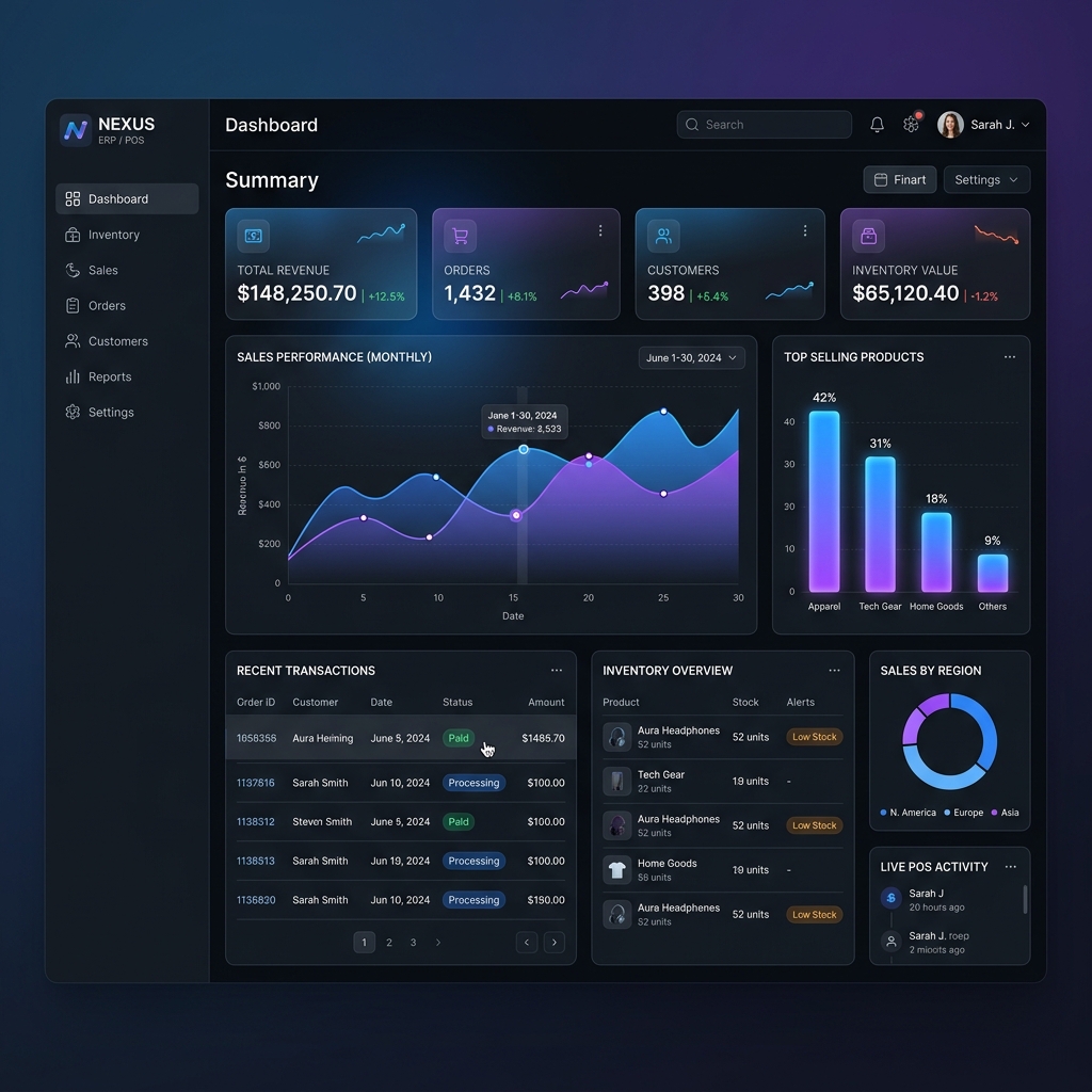 Cloud ERP Dashboard Mockup showing POS and Reporting modules